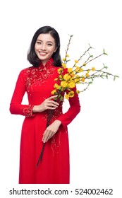 Portrait of a beautiful Asian woman on traditional festival costume Ao Dai holding Hoa Mai tree (Ochna Integerrima) flower. Tet holiday. Lunar New Year.