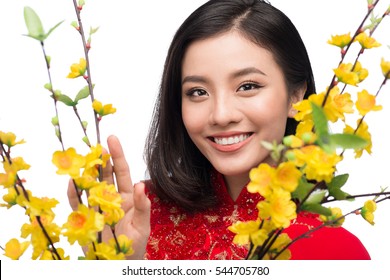 Portrait of a beautiful Asian woman on traditional festival costume Ao Dai holding Hoa Mai tree (Ochna Integerrima) flower. Tet holiday. Lunar New Year.