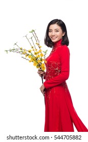 Portrait of a beautiful Asian woman on traditional festival costume Ao Dai holding Hoa Mai tree (Ochna Integerrima) flower. Tet holiday. Lunar New Year.