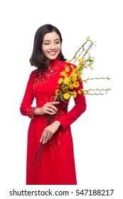 Portrait of a beautiful Asian woman on traditional festival costume Ao Dai holding Hoa Mai tree (Ochna Integerrima) flower. Tet holiday. Lunar New Year.