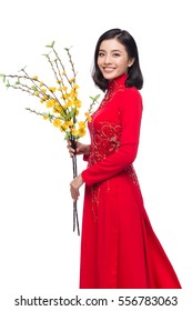 Portrait of a beautiful Asian woman on traditional festival costume Ao Dai holding Hoa Mai tree (Ochna Integerrima) flower. Tet holiday. Lunar New Year.