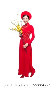 Portrait of a beautiful Asian woman on traditional festival costume Ao Dai holding Hoa Mai tree (Ochna Integerrima) flower. Tet holiday. Lunar New Year.