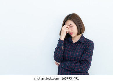 Portrait Of Beautiful Asian Woman Sad And Stress On White Background,Thailand People Serious And Worry About Love,A Girl Think Concept