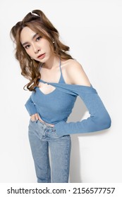 Portrait Of Beautiful Asian Women Are Cool And Confident In Casual Clothes Over White Background. People Lifestyle Concept. Mock Up Copy Space.  Fashion Model. Attractive Elegant Woman.