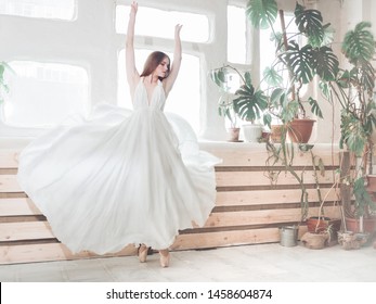 Portrait  Of Beautiful  Balerina Woman Weared In White Dress. Studio  Shot,  Natural  Light