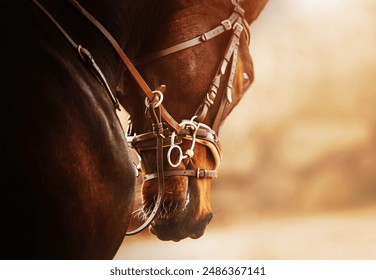 Portrait of a beautiful bay horse with a leather bridle and a snaffle on its muzzle, which jumps on a sunny day. Equestrian sports. Equestrian life. - Powered by Shutterstock