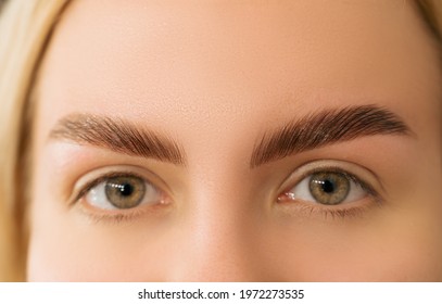 Portrait of a beautiful blond with laminated eyebrows. Smiling girl with brow styling. - Shutterstock ID 1972273535