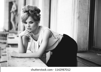 Portrait Of Beautiful Blond Woman With Long Hair And Clean Skin. Brigitte Bardot Look