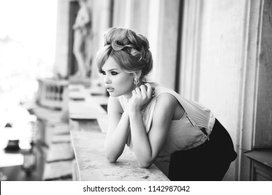 Portrait Of Beautiful Blond Woman With Long Hair And Clean Skin. Brigitte Bardot Look