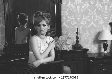 Portrait Of Beautiful Blond Woman With Long Hair And Clean Skin. Brigitte Bardot Look