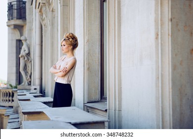 Portrait Of Beautiful Blond Woman With Long Hair And Clean Skin. Brigitte Bardot Look