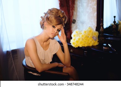 Portrait Of Beautiful Blond Woman With Long Hair And Clean Skin. Brigitte Bardot Look