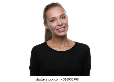 Portrait Of Beautiful Blond Woman On White Background