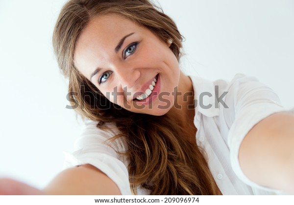 Portrait Beautiful Blonde Girl Taking Selfie Stock Photo Edit Now