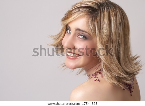Portrait Beautiful Blonde Woman Light Green Stock Photo Edit Now