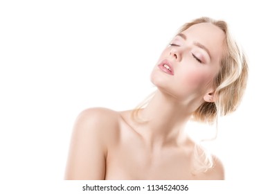 Portrait of a beautiful blonde woman with natural make-up. Beauty, haircare, cosmetics concept. Healthcare. White background. - Shutterstock ID 1134524036