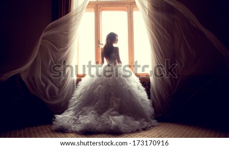 Portrait of the beautiful bride against a window indoors