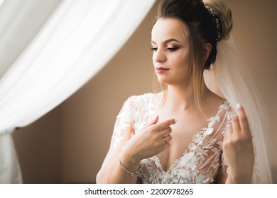 Portrait Of Beautiful Bride With Fashion Veil At Wedding Morning