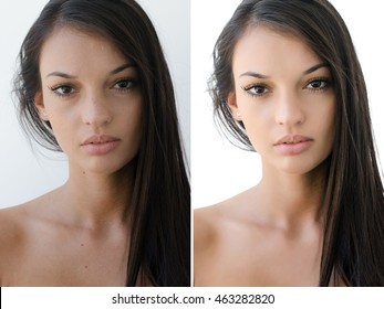 Portrait Of A Beautiful Brunette Girl Before And After Retouching With Photoshop. Bad Photo Vs Good Photo, Acne Beauty Treatment. Isolated On White Background. Edited Photos Being Compared.