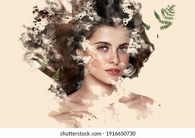 Portrait of a beautiful brunette girl showing through watercolor paints on a beige background. The concept of beauty and skin care, beautiful skin. Double exposure