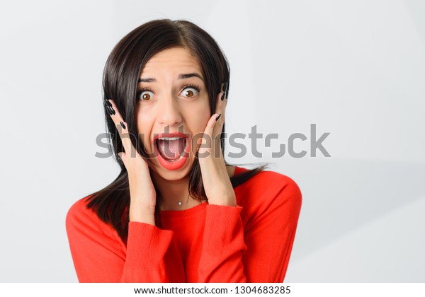 Portrait Beautiful Brunette Shoked Scared Young Stock Photo 1304683285 ...