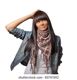 Portrait Of Beautiful Brunette Woman Thinking, Scratching Head. Isolated On White Background.