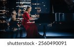 Portrait of a Beautiful Caucasian Female Pianist Playing a Mesmerizing Jazz Melody on a Grand Piano. Audience Watching Musician Play on a Downtown Night City Stage with Skyscrapers