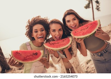 Portrait Of Beautiful Cheerful Girls Group Spending Day Chill Out Eating Water Melon Having Fun At Beach Outdoors