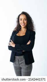 Portrait beautiful confident Caucasian female businesswoman smiling with success and confidence, crossing arms, wearing formal suit, standing on isolated white background cutout - Shutterstock ID 2142441571