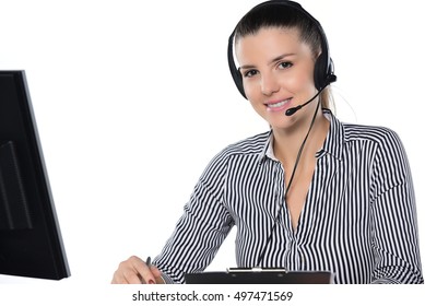 Portrait Of Beautiful Customer Support Phone Operator, Isolated Against White Background