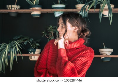 portrait of a beautiful cute girl in a red sweater - Shutterstock ID 1038284446