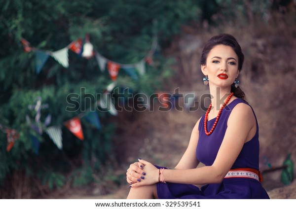 Portrait Beautiful Darkhaired Girl Beautiful Makeup Stock Photo
