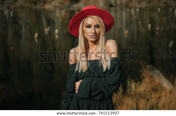 Portrait Beautiful Famous Blonde Girl Red Stock Photo Edit Now
