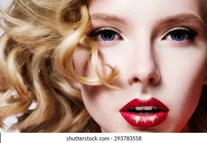 Portrait Of A Beautiful Fashion Model, With Red Lips And Curly Blond Hair