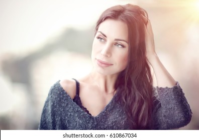 Portrait Of A Beautiful Gentle Woman In The Morning, Calm Sensual Female Outdoors, Having A Good Beginning Of A Nice Day