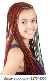 portrait of beautiful girl with african plaits, white background