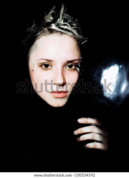 Portrait Beautiful Girl Bathroom Black Water Stock Image