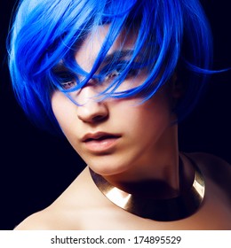 Portrait Of Beautiful Girl With Blue Hair