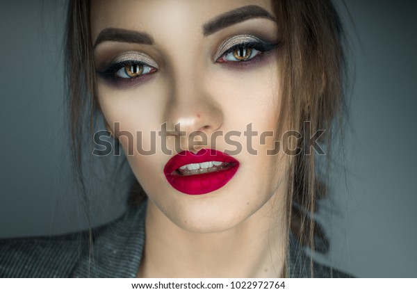 Portrait Beautiful Girl Brown Eyes Red Stock Image Download Now