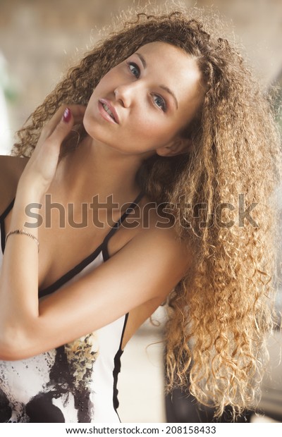Portrait Beautiful Girl Curly Hair Blue Stock Photo Edit Now