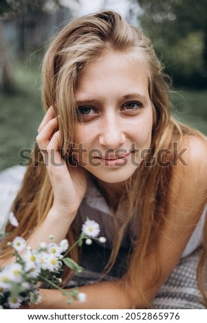 Similar – Close up portrait of happy blonde girl