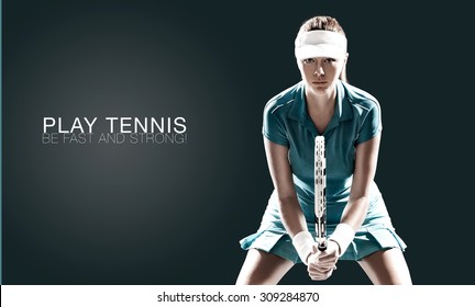 Portrait of beautiful girl tennis player with a racket isolated on dark background