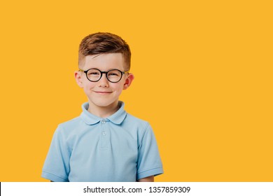 portrait of a beautiful and handsome little boy who looks into the camera and smiles, in glasses, dressed in blue shirt, isolated on yellow background, copy space