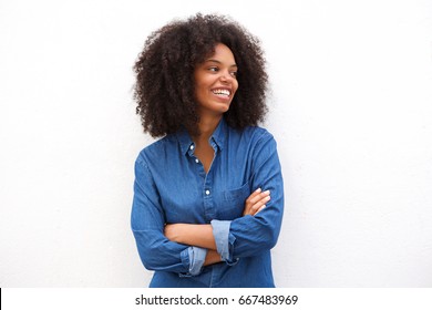 Portrait Of Beautiful Happy Black Woman Standing With Arms Crossed