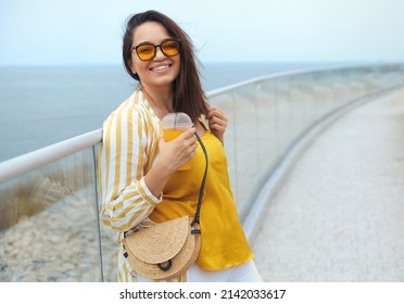 Portrait Of Beautiful And Happy Positive Milenniall Woman 30-35 Years Old In Trendy Clothes On Vacation 