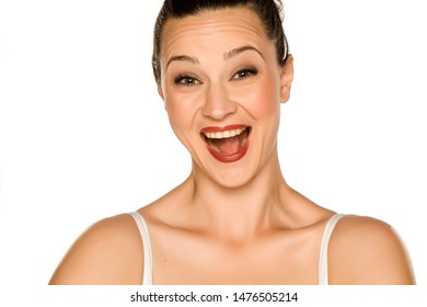 Portrait of beautiful happy young woman on white background
