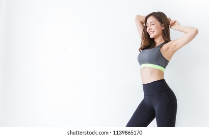 Portrait Of Beautiful Healthy Asian Armpit Waxing Woman Sport Wear Copy Space White Background. People Beauty Perfect Body Slim Fit Fitness Sexy Girl Happy Relax. Freedom Lifestyle Healthcare Concept