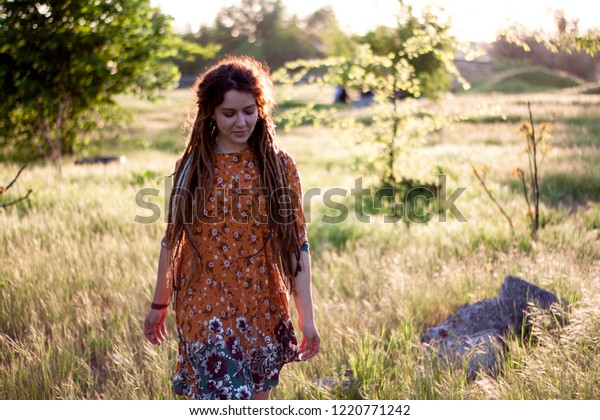 Portrait Beautiful Hippie Woman Dreadlocks Woods Stock Photo