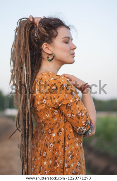 Portrait Beautiful Hippie Woman Dreadlocks Woods Stock Photo