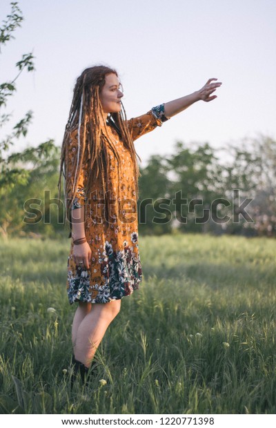 Portrait Beautiful Hippie Woman Dreadlocks Woods Stock Photo